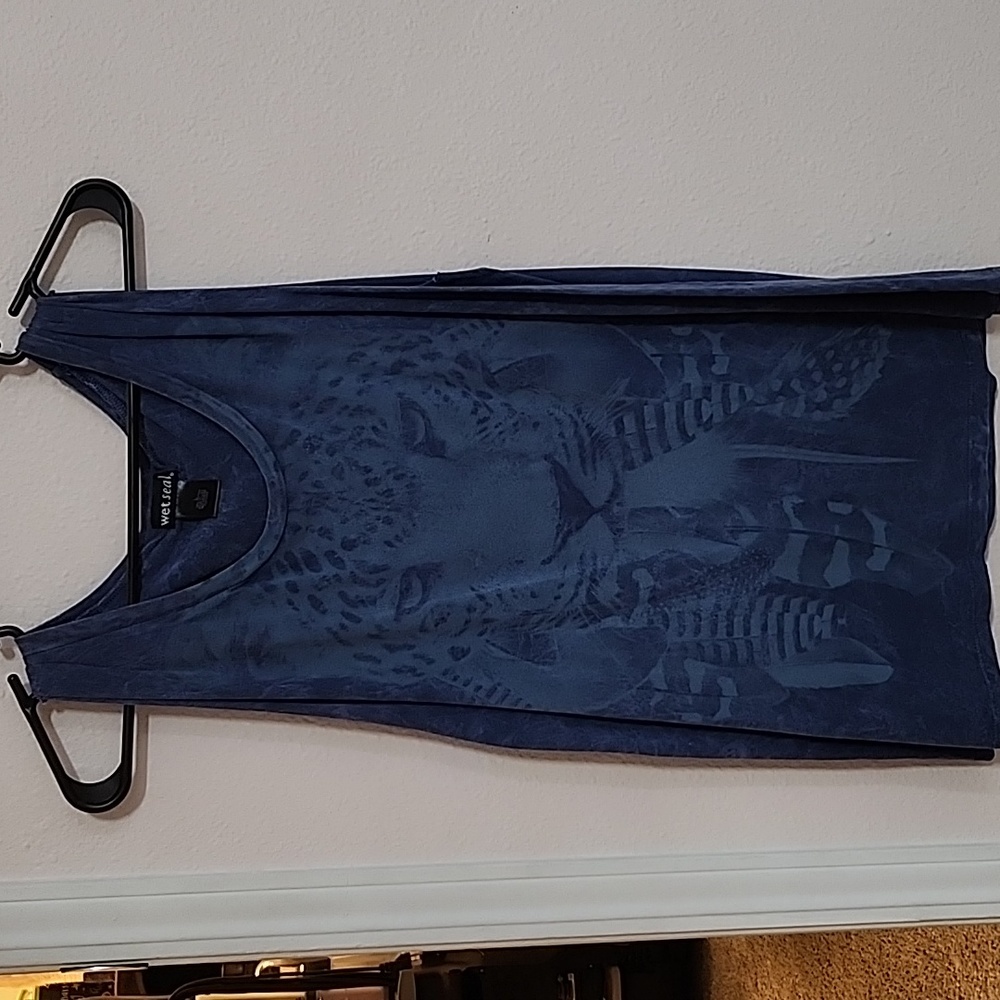 Women's Wet Seal Size L Blue Tank with Big Cat and feathers